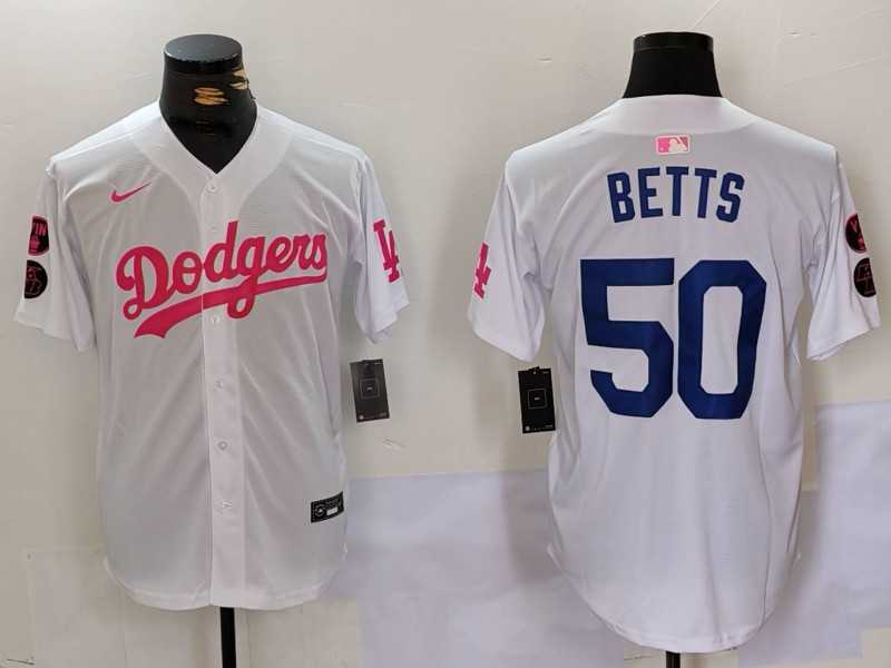 Men%27s Los Angeles Dodgers #50 Mookie Betts White Pink Vin & Kobe Patch Stitched Baseball Jersey1